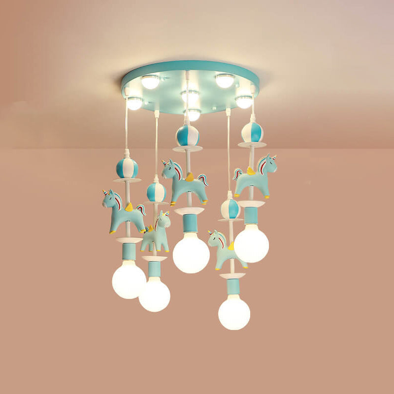 Modern Children's Carousel Eye Protection Resin Iron 1/7/11 Light Flush Mount Ceiling Light Cuvalon