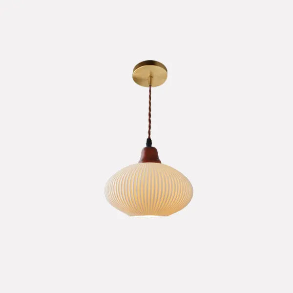 Japanese Vintage Pleated Ceramic Round Dome Wood 1-Light Pendant Light Cuvalon