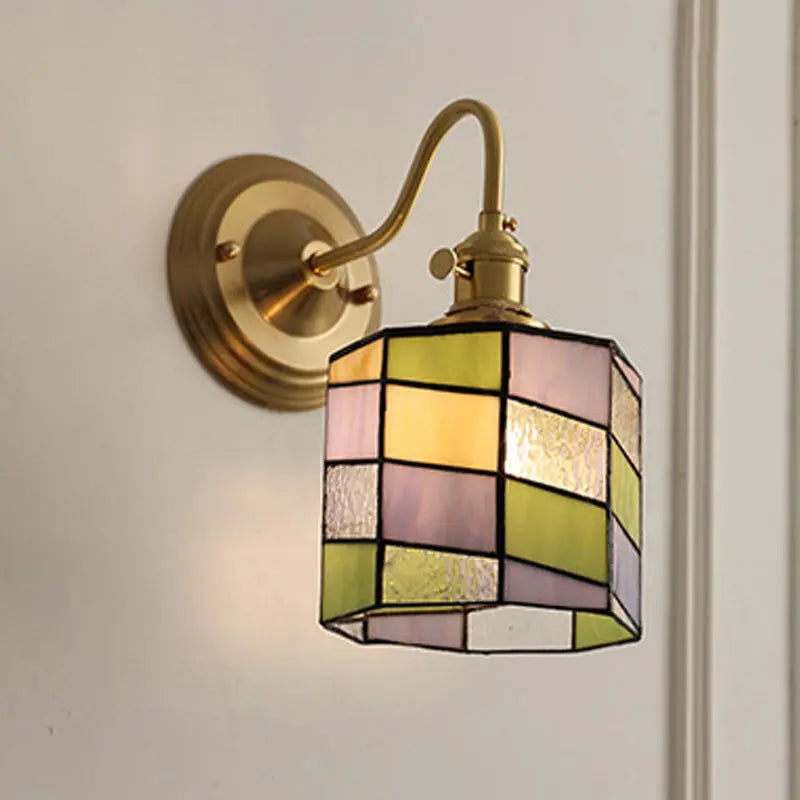Traditional Tiffany Round Copper Glass 1-Light Wall Sconce Lamp For Living Room Cuvalon