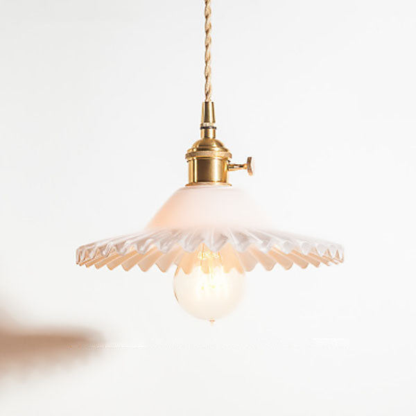 Traditional Vintage Round Ripple Brass Glass 1-Light Pendant Light For Living Room Cuvalon
