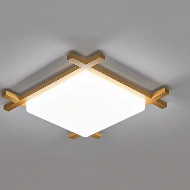 Traditional Japanese Wood Acrylic Square Tatami LED Flush Mount Ceiling Light For Bedroom Cuvalon