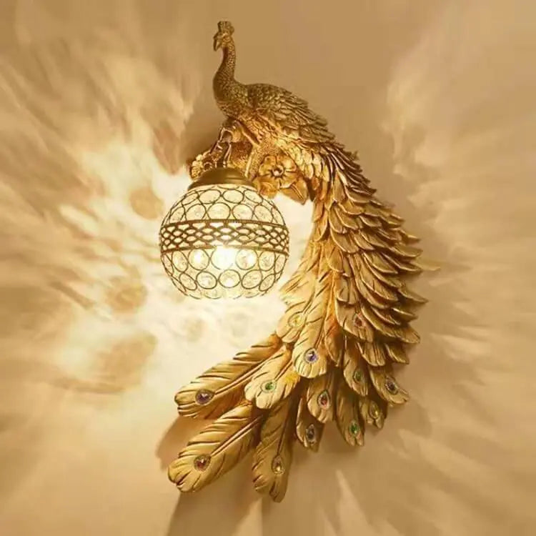 Vintage Ornate Resin Long Tail Peacock Crystal Ball Shade 1-Light Wall Sconce Lamp Cuvalon