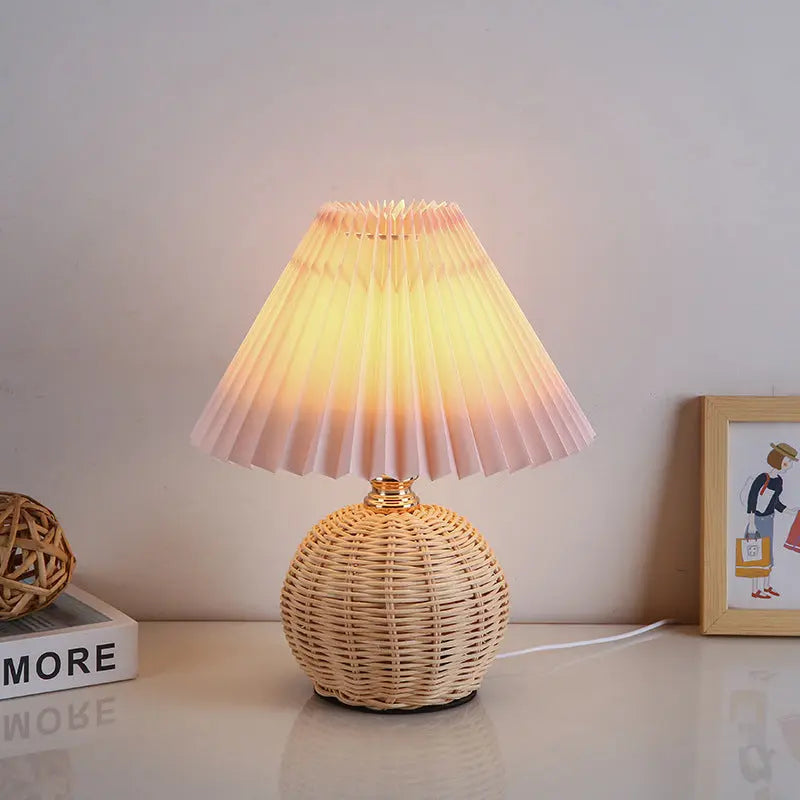 Contemporary Nordic Rattan Fabric Pleated Conic Ball LED Table Lamp For Bedroom Cuvalon