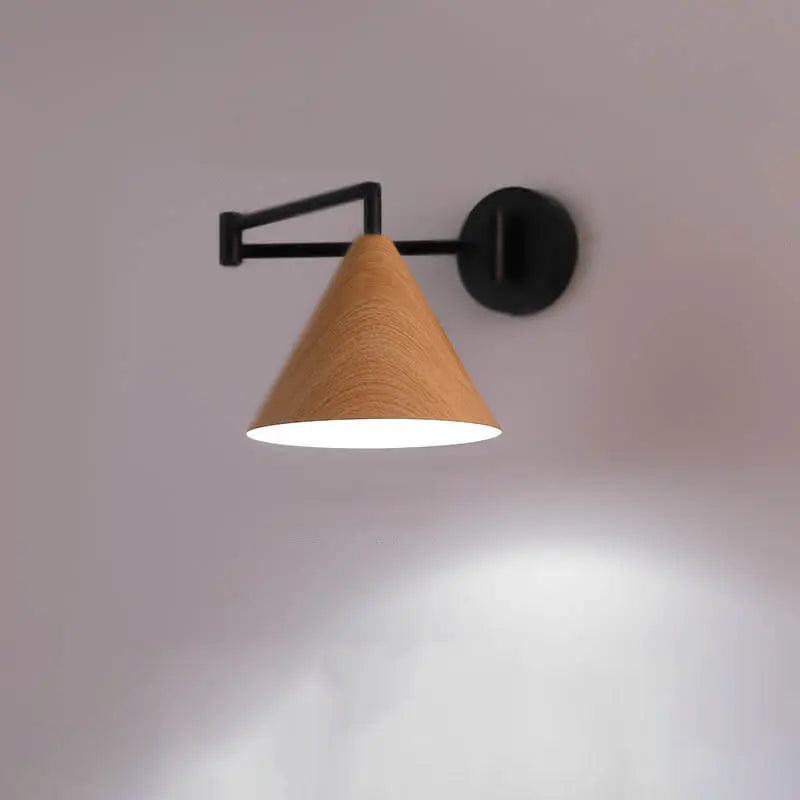 Nordic Minimalist Cone Swing Arm Wood Grain Iron 1-Light Wall Sconce Lamp Cuvalon