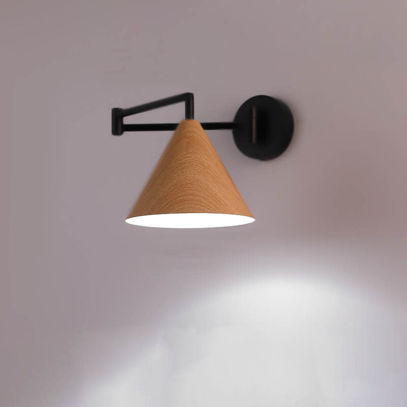 Nordic Minimalist Cone Swing Arm Wood Grain Iron 1-Light Wall Sconce Lamp Cuvalon