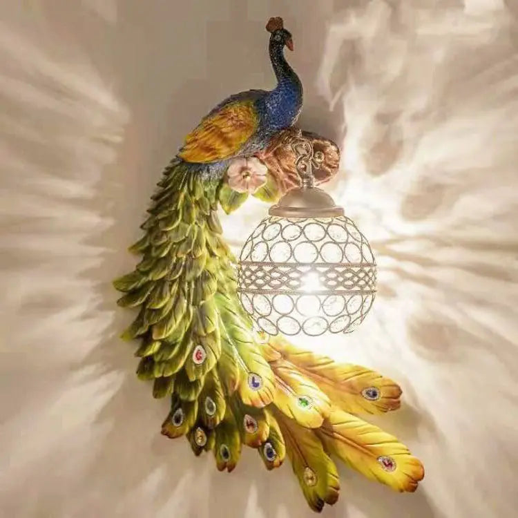 Vintage Ornate Resin Long Tail Peacock Crystal Ball Shade 1-Light Wall Sconce Lamp Cuvalon