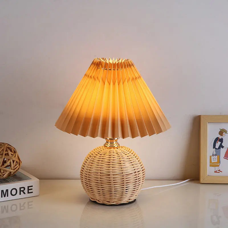 Contemporary Nordic Rattan Fabric Pleated Conic Ball LED Table Lamp For Bedroom Cuvalon