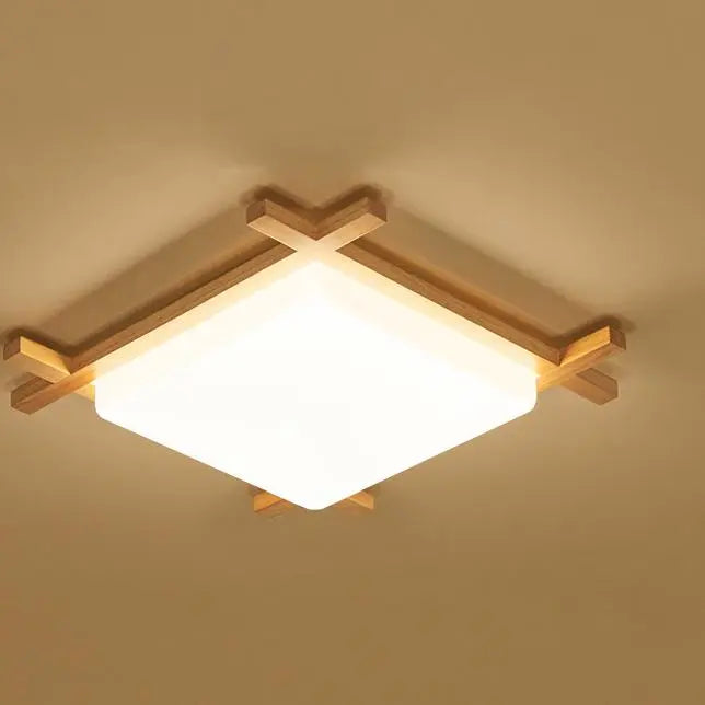 Traditional Japanese Wood Acrylic Square Tatami LED Flush Mount Ceiling Light For Bedroom Cuvalon