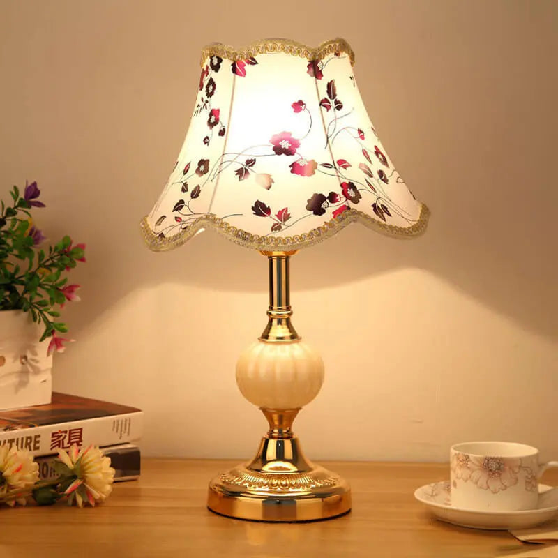 Nordic Vintage Floral Glass Fabric 1-Light Table Lamp Cuvalon