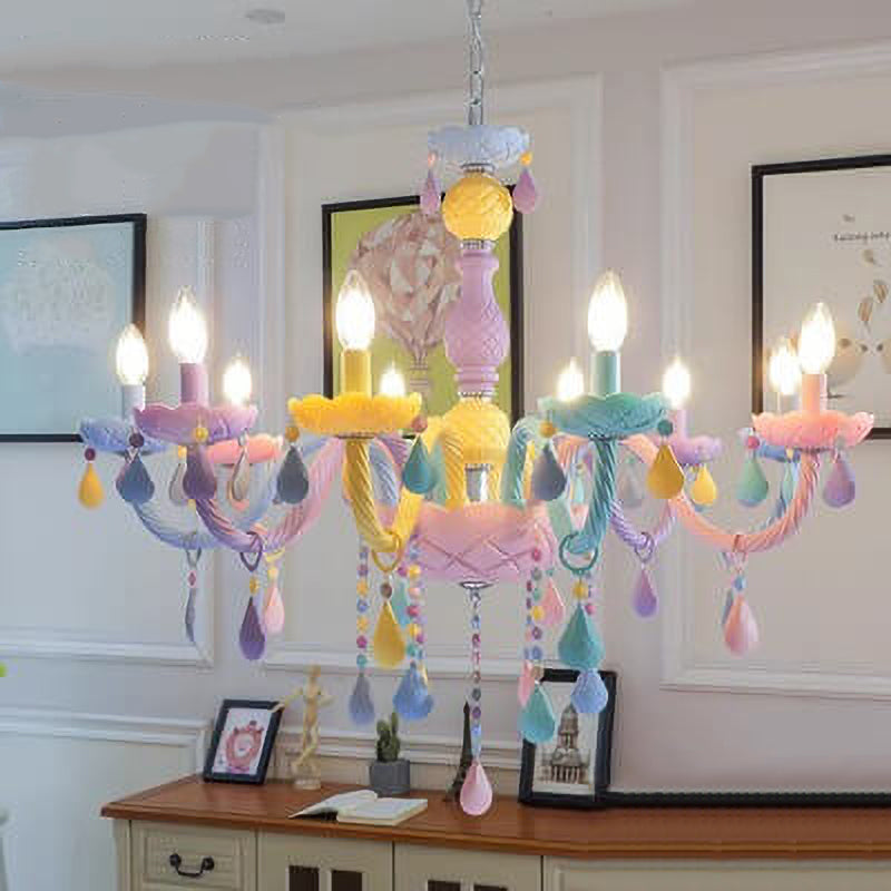 Modern Children's Princess Macaroon Candelabra Crystal Glass 5/6/8/10/12/15 Light Chandelier Cuvalon
