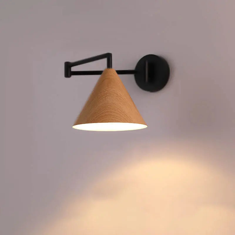 Nordic Minimalist Cone Swing Arm Wood Grain Iron 1-Light Wall Sconce Lamp Cuvalon