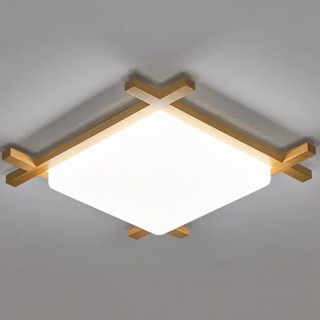 Traditional Japanese Wood Acrylic Square Tatami LED Flush Mount Ceiling Light For Bedroom Cuvalon