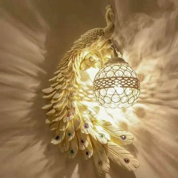 Vintage Ornate Resin Long Tail Peacock Crystal Ball Shade 1-Light Wall Sconce Lamp Cuvalon