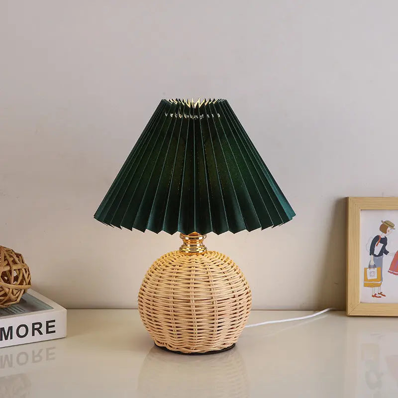 Contemporary Nordic Rattan Fabric Pleated Conic Ball LED Table Lamp For Bedroom Cuvalon