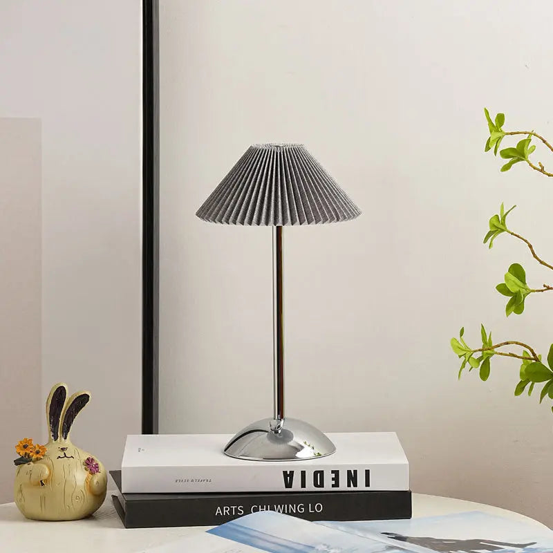 Contemporary Scandinavian Rechargeable Iron Fabric Conic Pleated 1-Light Table Lamp For Bedside Cuvalon