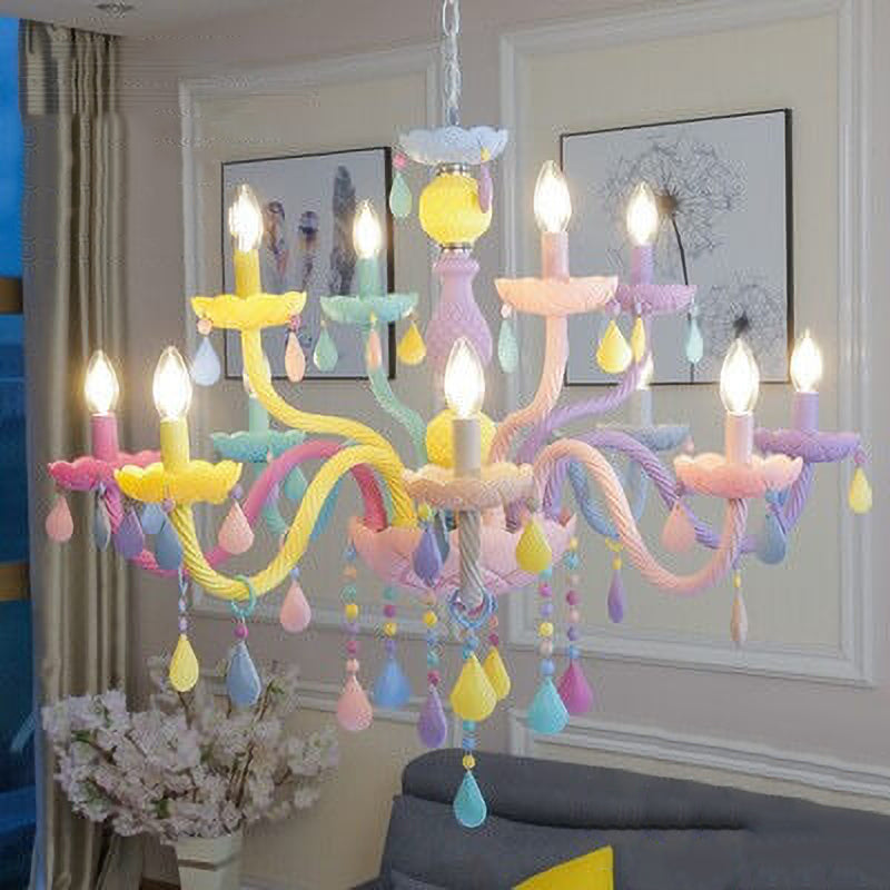 Modern Children's Princess Macaroon Candelabra Crystal Glass 5/6/8/10/12/15 Light Chandelier Cuvalon