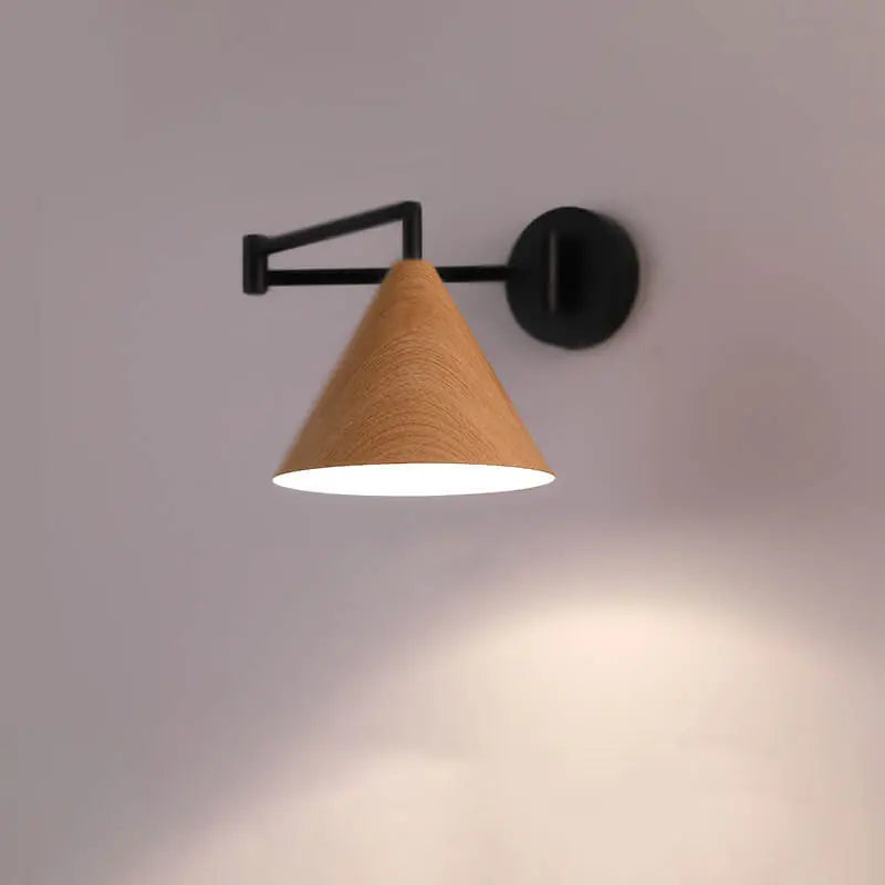 Nordic Minimalist Cone Swing Arm Wood Grain Iron 1-Light Wall Sconce Lamp Cuvalon