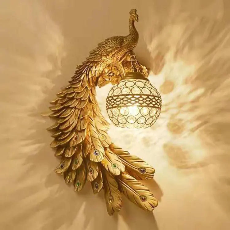 Vintage Ornate Resin Long Tail Peacock Crystal Ball Shade 1-Light Wall Sconce Lamp Cuvalon