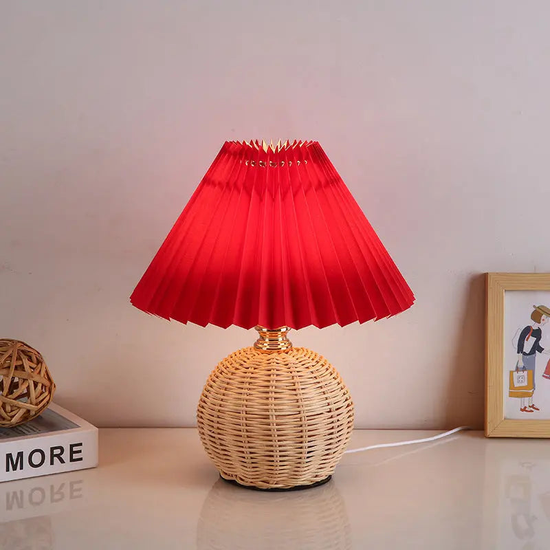 Contemporary Nordic Rattan Fabric Pleated Conic Ball LED Table Lamp For Bedroom Cuvalon