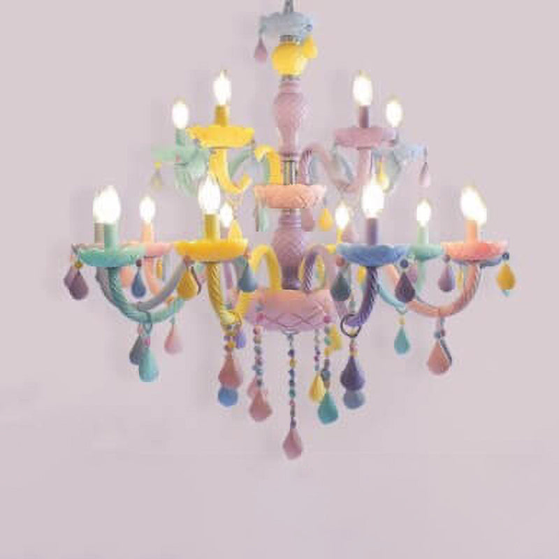Modern Children's Princess Macaroon Candelabra Crystal Glass 5/6/8/10/12/15 Light Chandelier Cuvalon