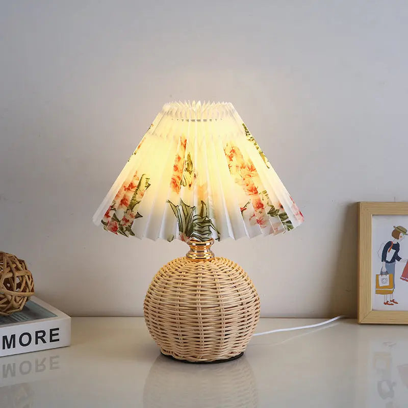Contemporary Nordic Rattan Fabric Pleated Conic Ball LED Table Lamp For Bedroom Cuvalon