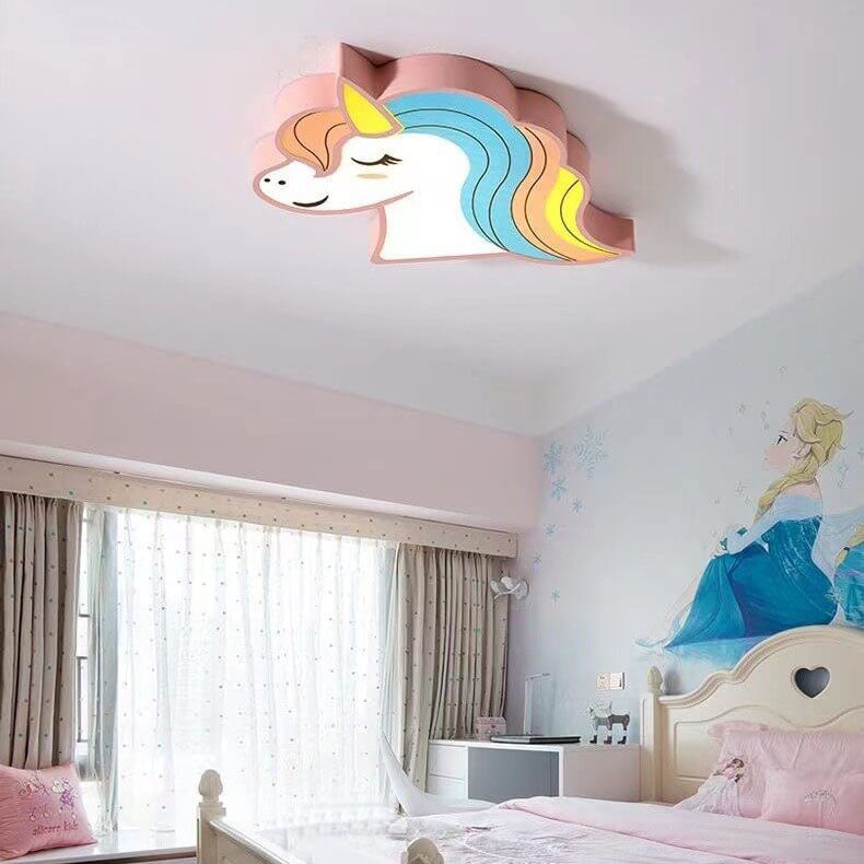 Modern Childlike Unicorns Cartoon Iron Acrylic LED Flush Mount Ceiling Light Cuvalon