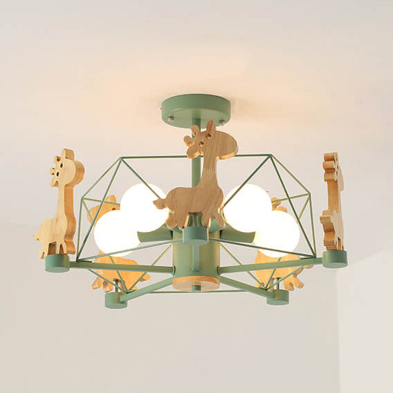 Scandinavian Modern Childlike Giraffe Diamond Pentagram Windmill Iron Wood Glass 4/5 Light Semi-Flush Mount Ceiling Light Cuvalon