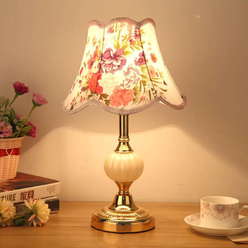 Nordic Vintage Floral Glass Fabric 1-Light Table Lamp Cuvalon
