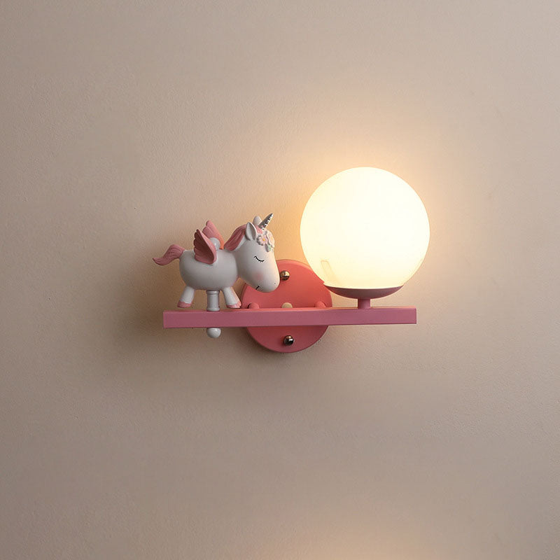 Contemporary Creative Kids Girls Unicorn Orb Resin Iron Glass 1-Light Wall Sconce Lamp For Bedroom Cuvalon