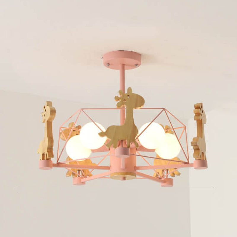 Scandinavian Modern Childlike Giraffe Diamond Pentagram Windmill Iron Wood Glass 4/5 Light Semi-Flush Mount Ceiling Light Cuvalon