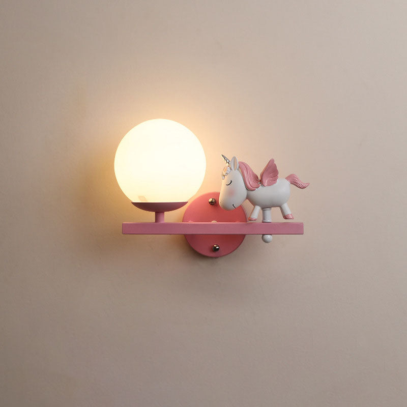 Contemporary Creative Kids Girls Unicorn Orb Resin Iron Glass 1-Light Wall Sconce Lamp For Bedroom Cuvalon