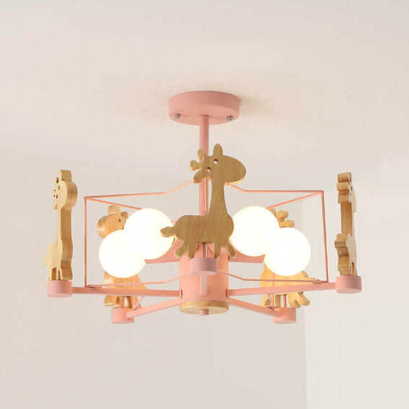 Scandinavian Modern Childlike Giraffe Diamond Pentagram Windmill Iron Wood Glass 4/5 Light Semi-Flush Mount Ceiling Light Cuvalon