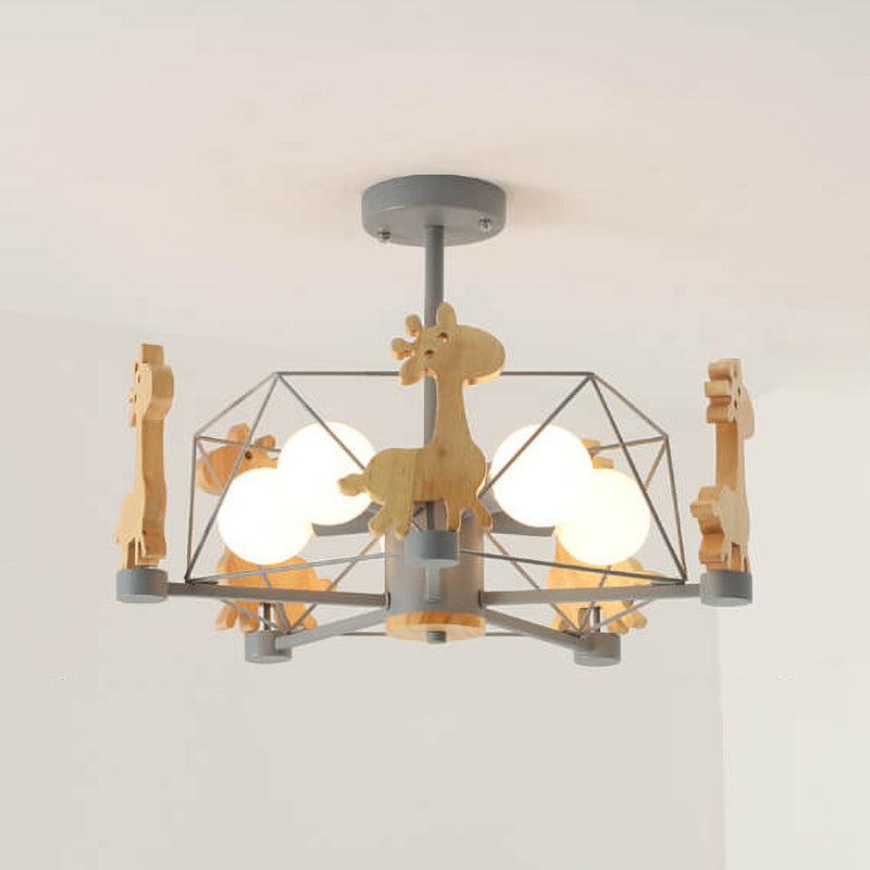 Scandinavian Modern Childlike Giraffe Diamond Pentagram Windmill Iron Wood Glass 4/5 Light Semi-Flush Mount Ceiling Light Cuvalon