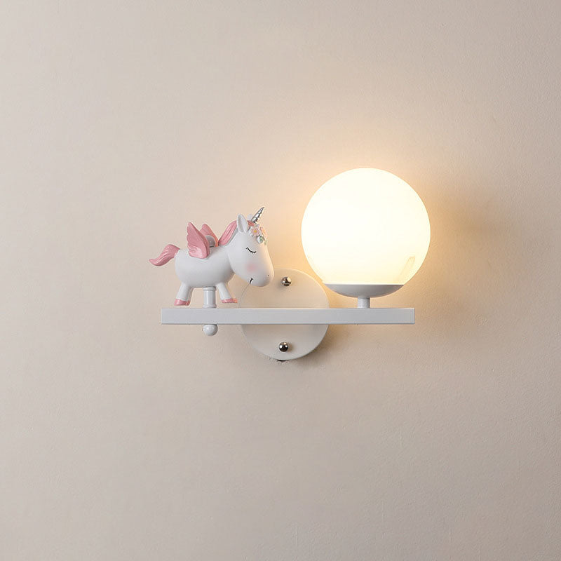 Contemporary Creative Kids Girls Unicorn Orb Resin Iron Glass 1-Light Wall Sconce Lamp For Bedroom Cuvalon