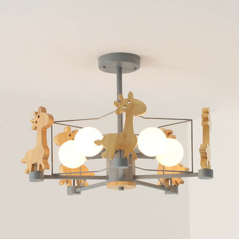 Scandinavian Modern Childlike Giraffe Diamond Pentagram Windmill Iron Wood Glass 4/5 Light Semi-Flush Mount Ceiling Light Cuvalon