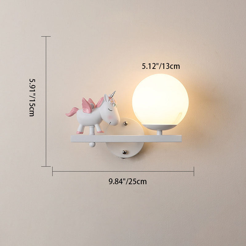 Contemporary Creative Kids Girls Unicorn Orb Resin Iron Glass 1-Light Wall Sconce Lamp For Bedroom Cuvalon
