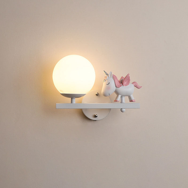 Contemporary Creative Kids Girls Unicorn Orb Resin Iron Glass 1-Light Wall Sconce Lamp For Bedroom Cuvalon