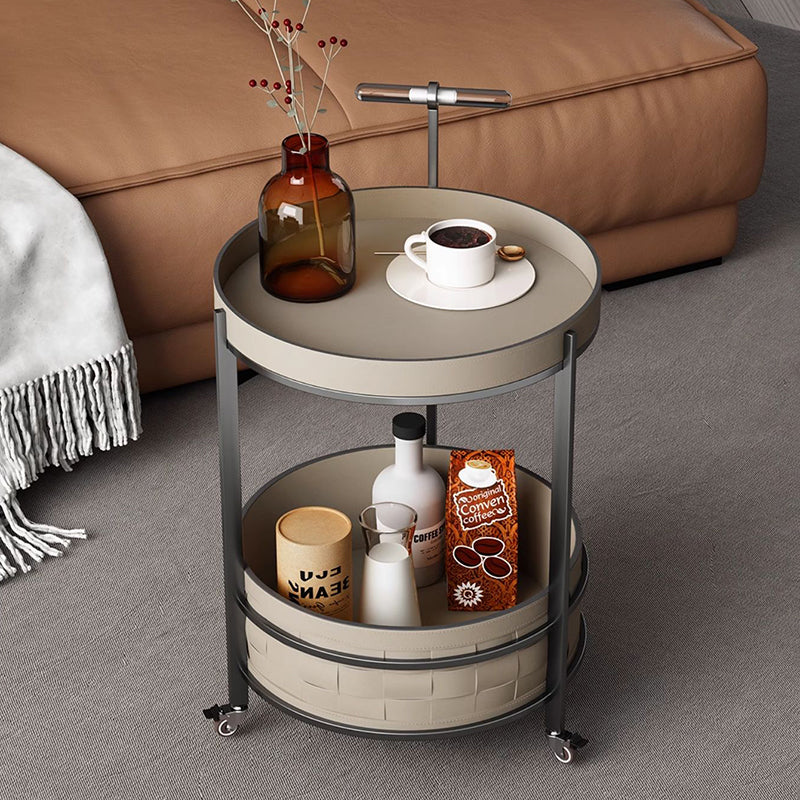 Rolling Round Faux Saddle Leather Acrylic Side Table - Vintage Dual-Layer Storage Trolley With Stainless Steel Frame For Living Room Cuvalon