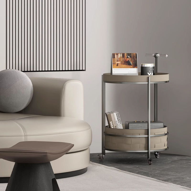 Rolling Round Faux Saddle Leather Acrylic Side Table - Vintage Dual-Layer Storage Trolley With Stainless Steel Frame For Living Room Cuvalon
