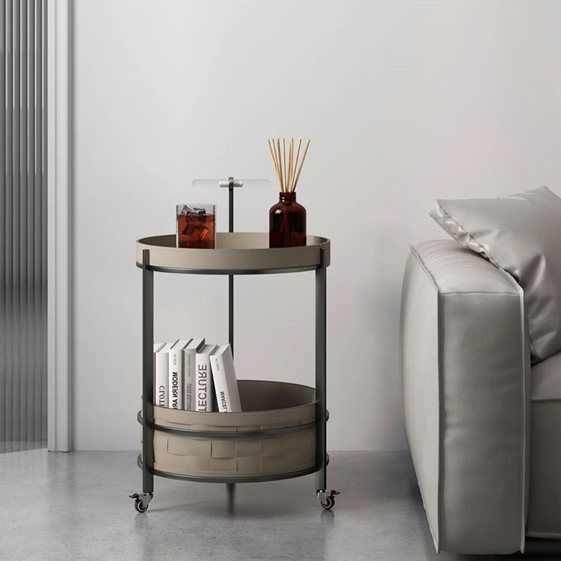 Rolling Round Faux Saddle Leather Acrylic Side Table - Vintage Dual-Layer Storage Trolley With Stainless Steel Frame For Living Room Cuvalon