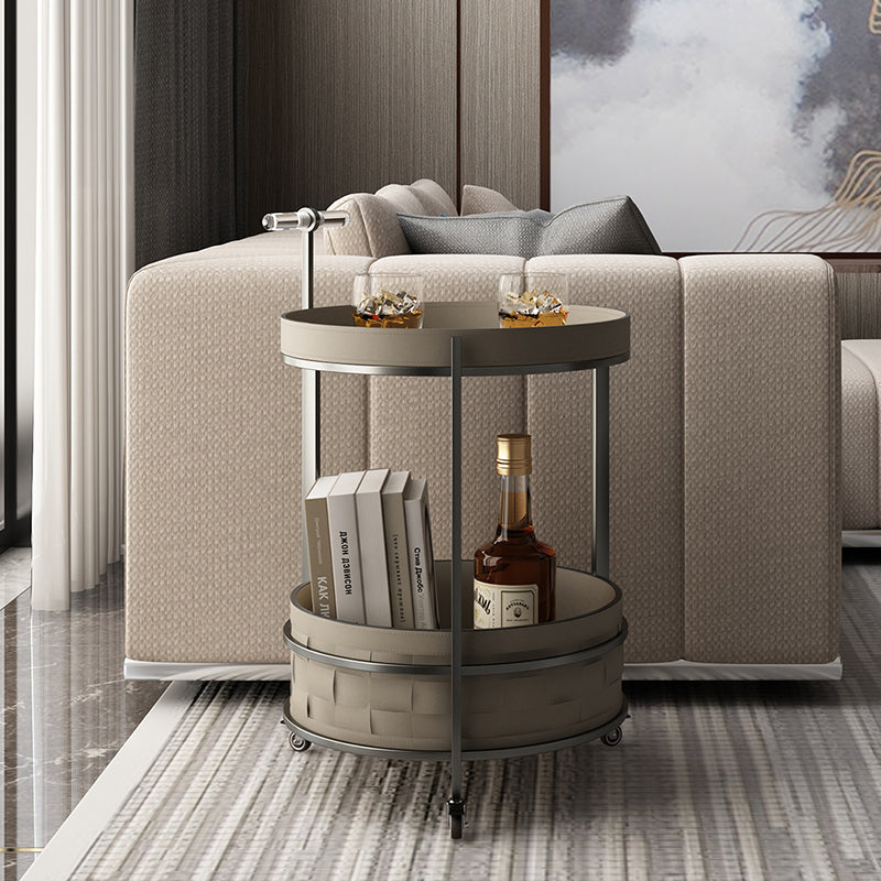 Rolling Round Faux Saddle Leather Acrylic Side Table - Vintage Dual-Layer Storage Trolley With Stainless Steel Frame For Living Room Cuvalon