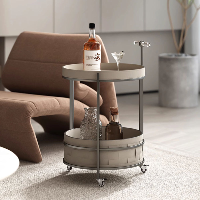 Rolling Round Faux Saddle Leather Acrylic Side Table - Vintage Dual-Layer Storage Trolley With Stainless Steel Frame For Living Room Cuvalon