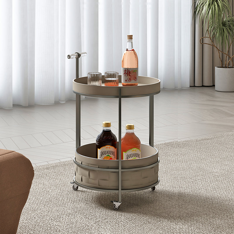 Rolling Round Faux Saddle Leather Acrylic Side Table - Vintage Dual-Layer Storage Trolley With Stainless Steel Frame For Living Room Cuvalon