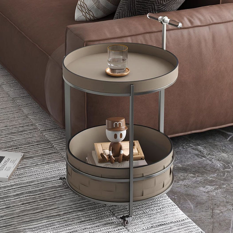 Rolling Round Faux Saddle Leather Acrylic Side Table - Vintage Dual-Layer Storage Trolley With Stainless Steel Frame For Living Room Cuvalon