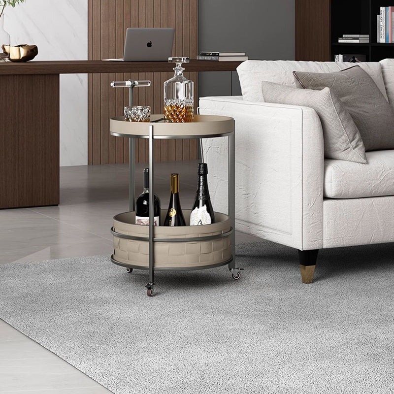 Rolling Round Faux Saddle Leather Acrylic Side Table - Vintage Dual-Layer Storage Trolley With Stainless Steel Frame For Living Room Cuvalon