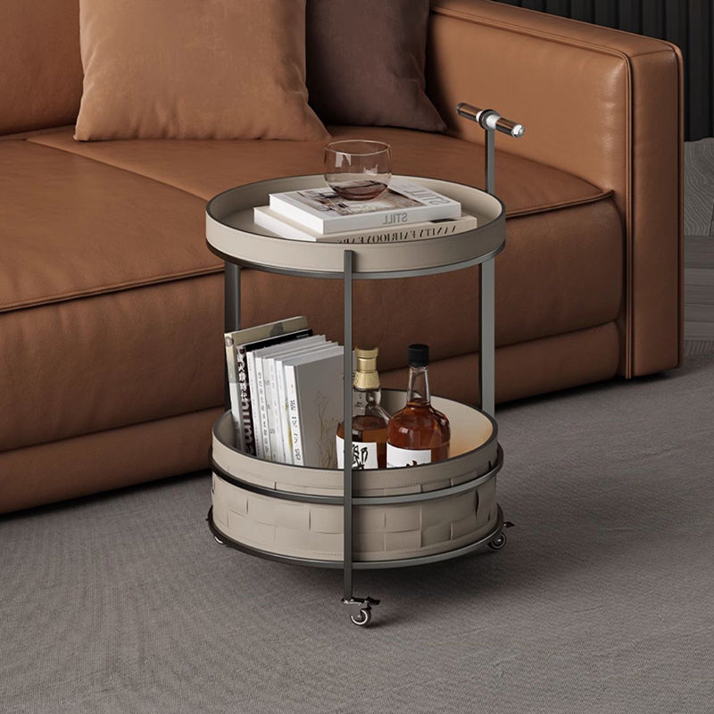 Rolling Round Faux Saddle Leather Acrylic Side Table - Vintage Dual-Layer Storage Trolley With Stainless Steel Frame For Living Room Cuvalon