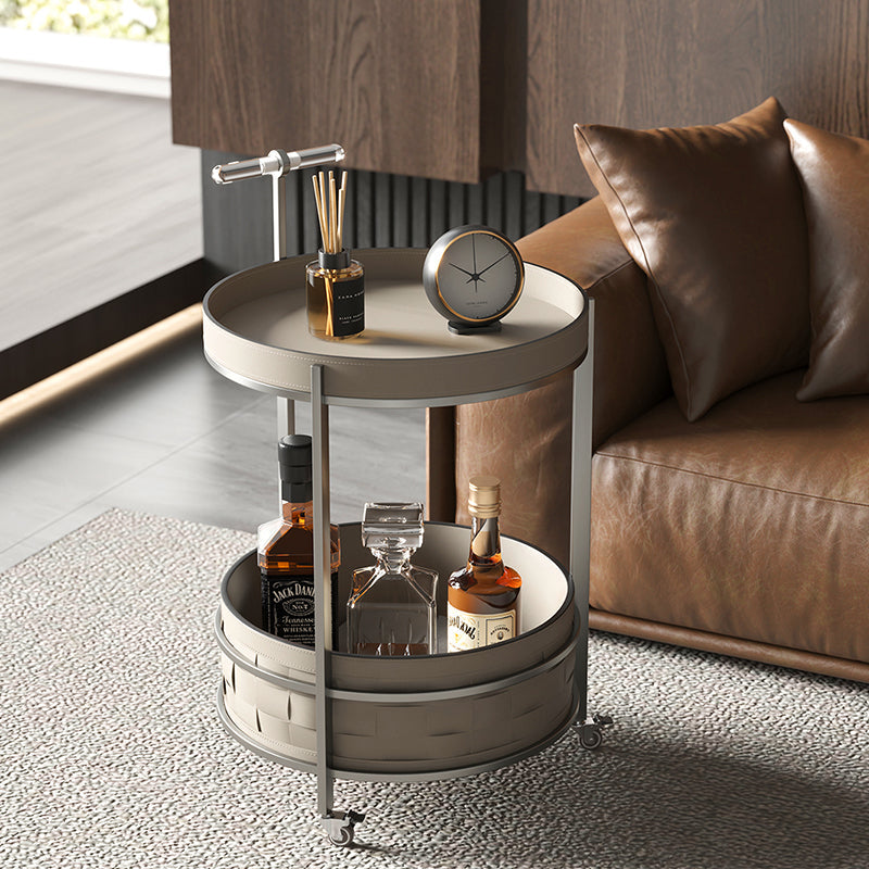 Rolling Round Faux Saddle Leather Acrylic Side Table - Vintage Dual-Layer Storage Trolley With Stainless Steel Frame For Living Room Cuvalon