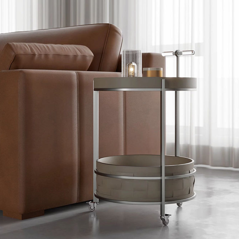 Rolling Round Faux Saddle Leather Acrylic Side Table - Vintage Dual-Layer Storage Trolley With Stainless Steel Frame For Living Room Cuvalon