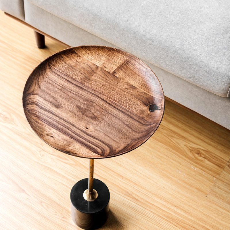 Round Walnut Wood With Solid Steel Base End Table - Vintage Compact Functionality 1-Tray Side Table For Living Room Cuvalon
