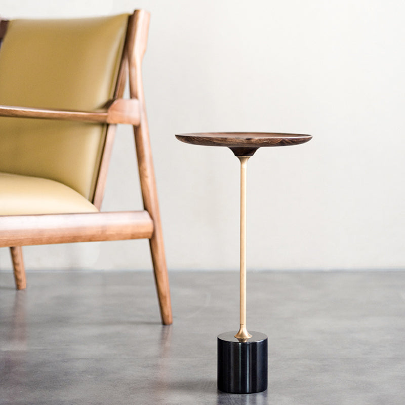Round Walnut Wood With Solid Steel Base End Table - Vintage Compact Functionality 1-Tray Side Table For Living Room Cuvalon